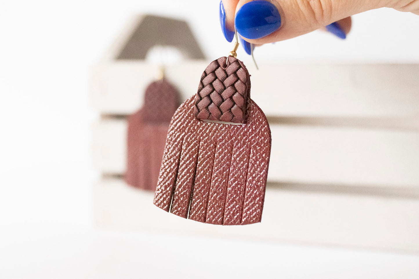Leather Earrings / Fringies / Cherry Sage & Woven Cabernet