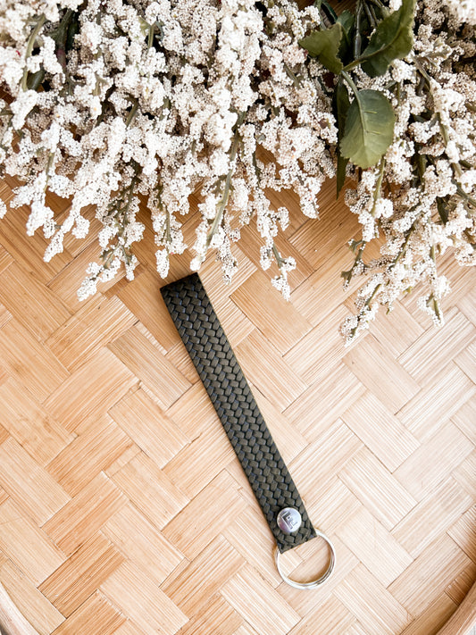 Leather Wristlet Keychain / Snap Loop / Woven Evergreen