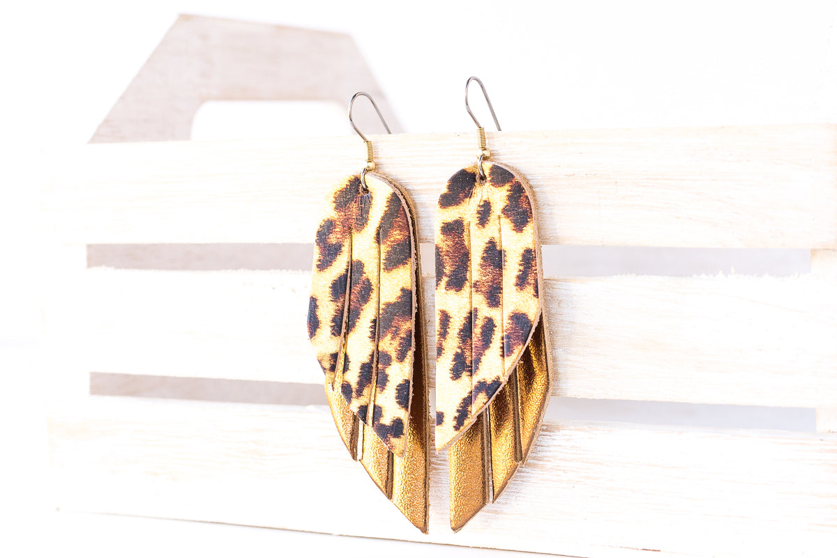 Leather Earrings / Double Fringe / Leopard Shimmer