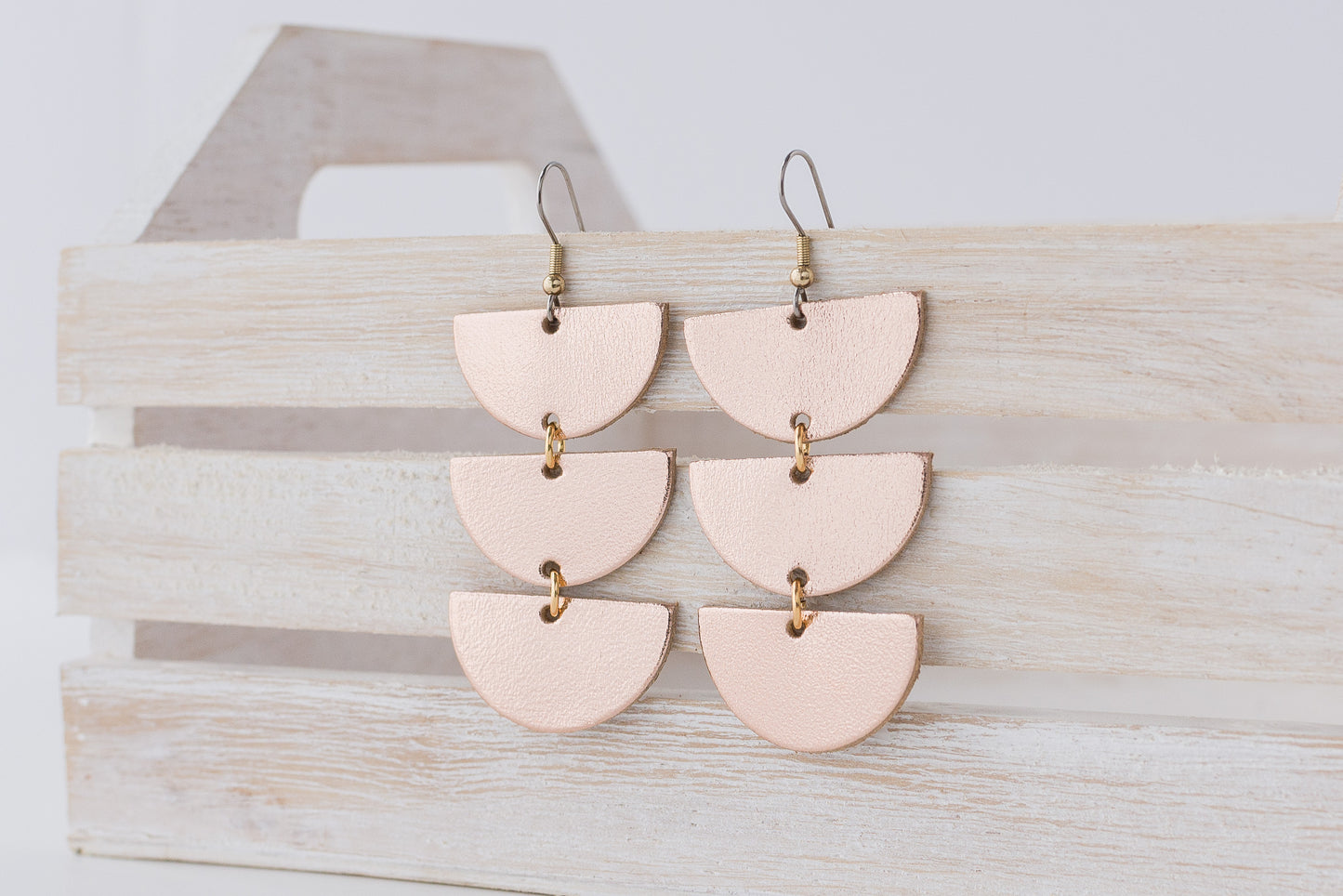 Leather Earrings / Tri Luna / Metallic Rosegold