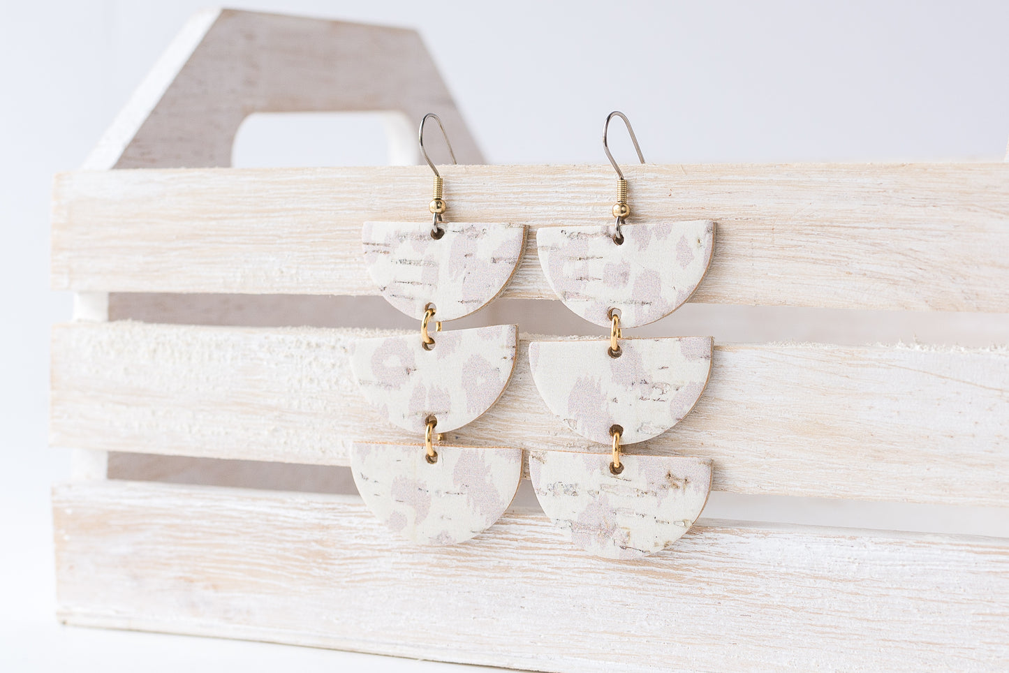 Leather Earrings / Tri Luna / Nude Leopard Cork