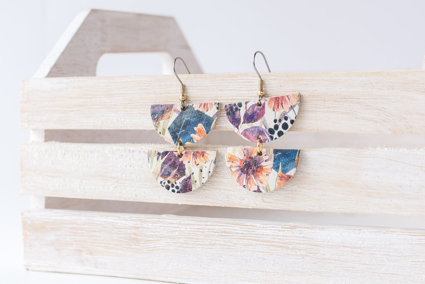 Leather Earrings / Demi Luna / Pressed Flowers Cork