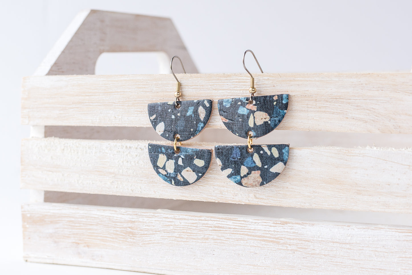 Leather Earrings / Demi Luna / Dark Terrazzo Cork