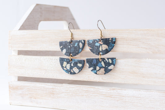 Leather Earrings / Demi Luna / Dark Terrazzo Cork