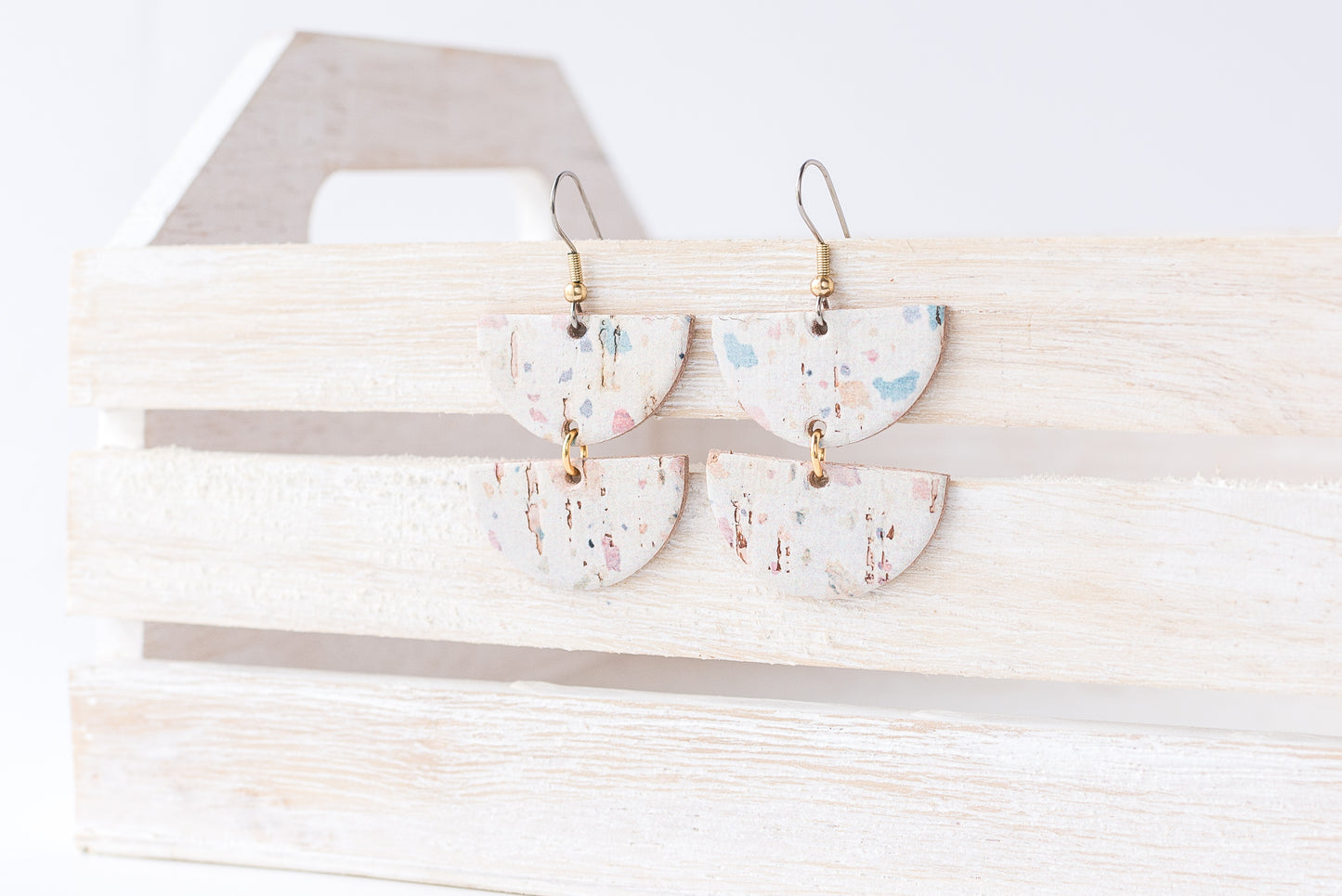 Leather Earrings / Demi Luna / Light Terrazzo Cork