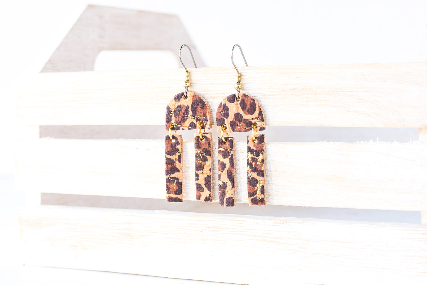 Leather Earrings / Mini Sunrays / Leopard Cork
