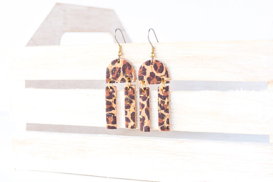 Leather Earrings / Mini Sunrays / Leopard Cork