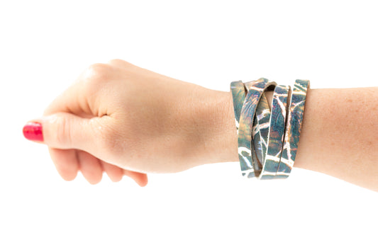 Leather Bracelet / Skinny Sliced Wrap Cuff / Prism Reptile
