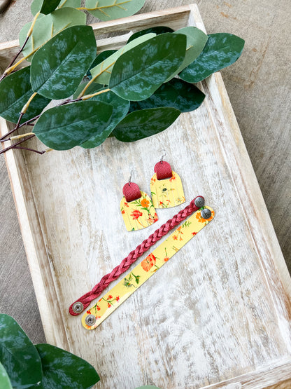 Leather Earrings / Fringies / Autumn Botanical & Fire Opal Shimmer