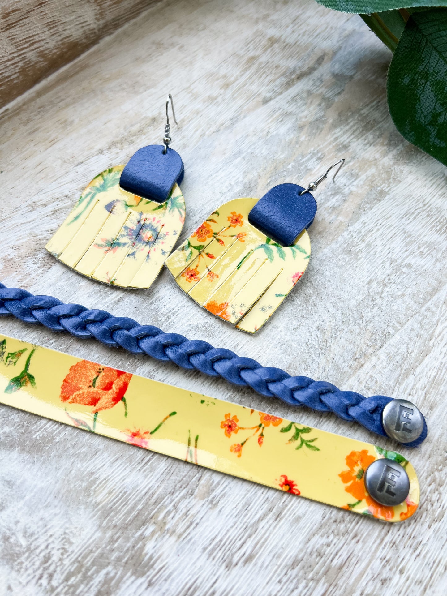 Leather Earrings / Fringies / Autumn Botanical & Blueberry