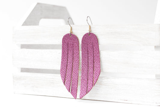 Leather Earrings / Fringe / Pink Sapphire Shimmer