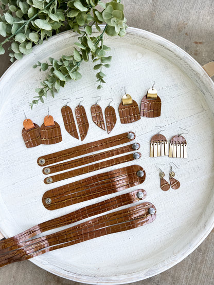 Leather Earrings / Fringies / Chocolate Croc & Metallic Gold