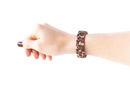 Leather Bracelet / Ultra Skinny Sliced Cuff / Leopard Cork