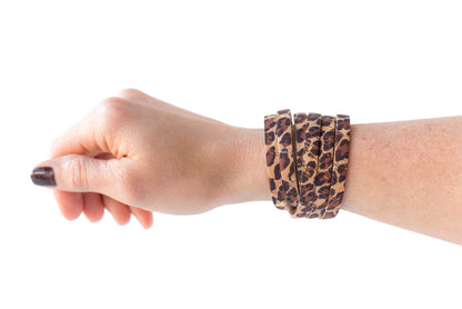Leather Bracelet / Skinny Sliced Wrap Cuff / Leopard Cork