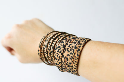 Leather Bracelet / Original Sliced Wrap Cuff / Cheetah Cork