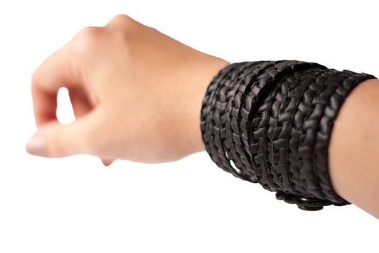Leather Bracelet / Original Sliced Wrap Cuff / Woven Black