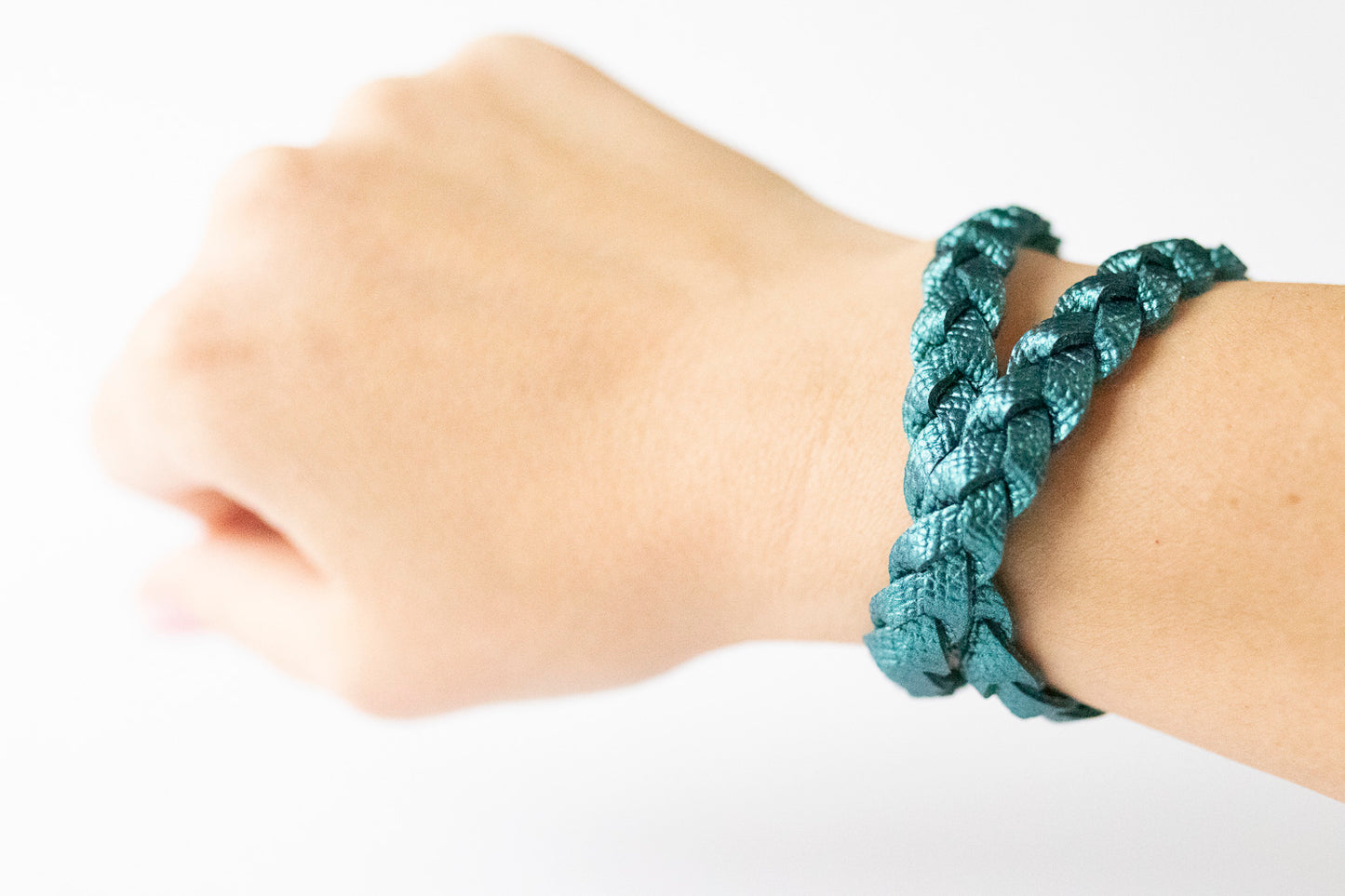 Double Wrap Braided Leather Bracelet / Teal Quartz Shimmer