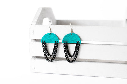 Leather Earrings / Black Chain Drop / Tropical Waters