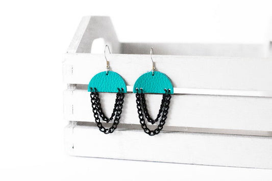 Leather Earrings / Black Chain Drop / Tropical Waters