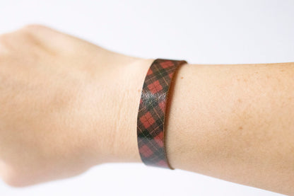 Leather Bracelet / Skinny Slim Cuff / Tartan