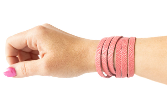 Leather Bracelet / Skinny Sliced Wrap Cuff / Pink Cherries