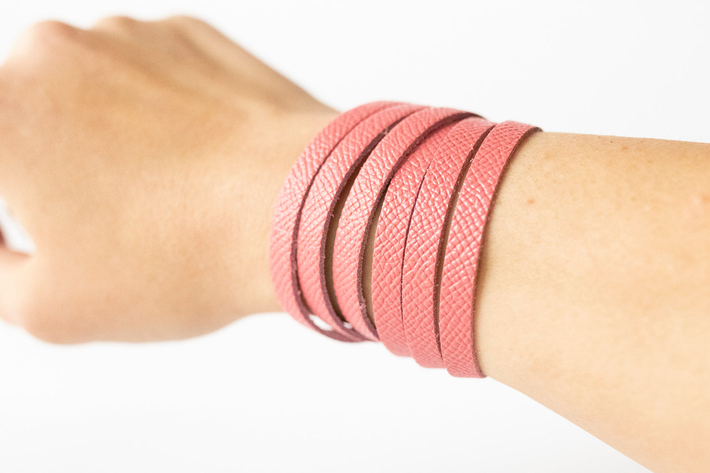 Leather Bracelet / Skinny Sliced Wrap Cuff / Pink Cherries