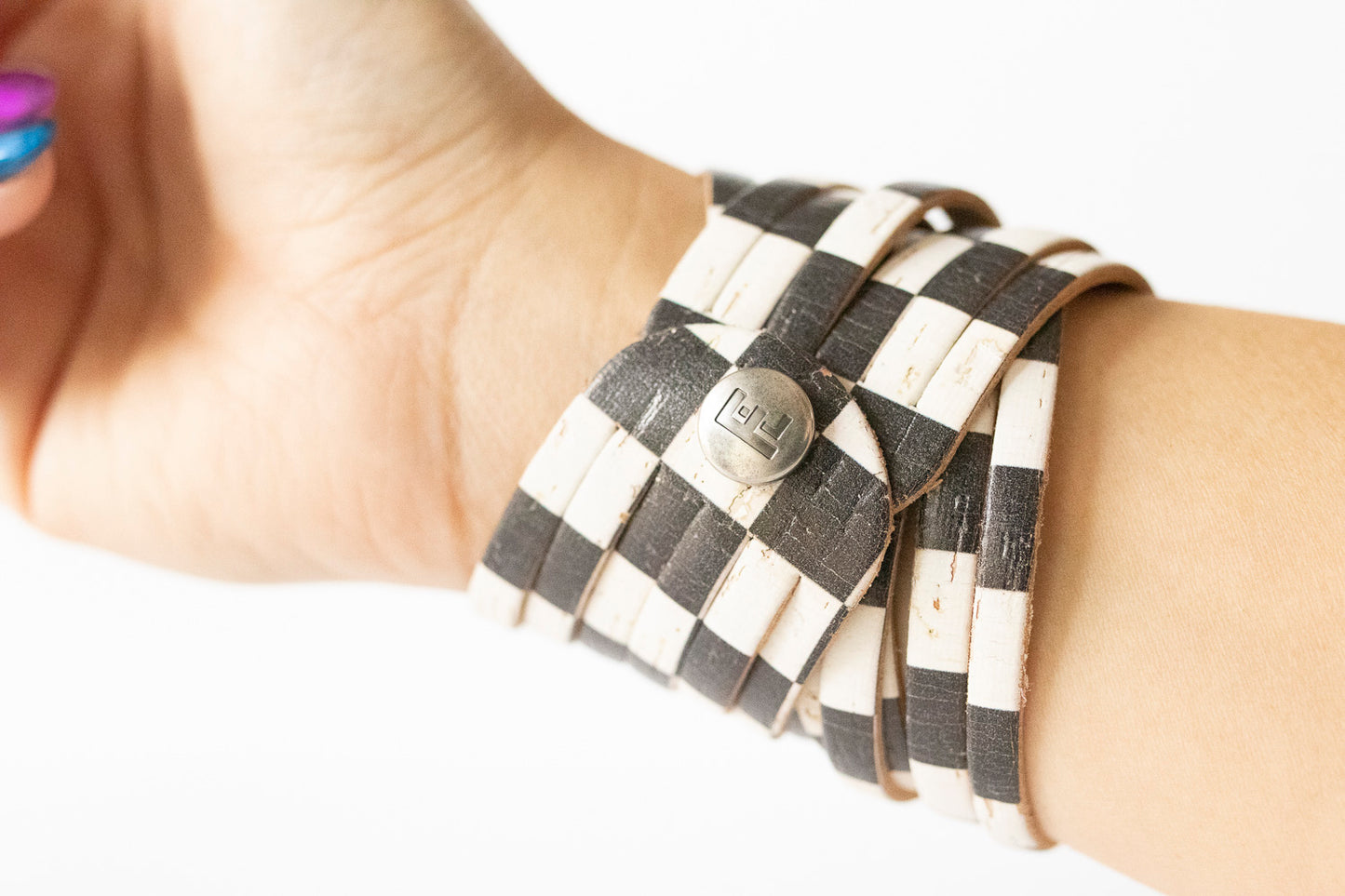 Leather Bracelet / Original Sliced Wrap Cuff / Checker Cork