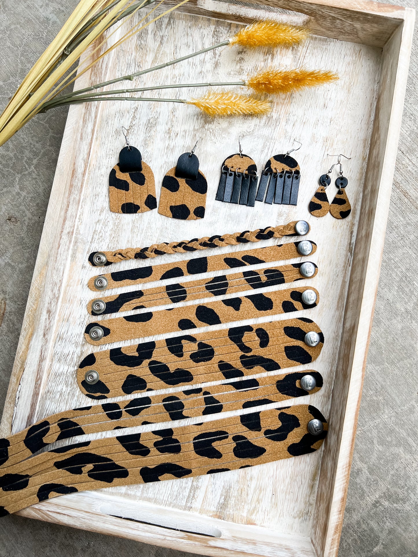 Leather Earrings / Fringies / Tan Leopard Suede & Pitch Black