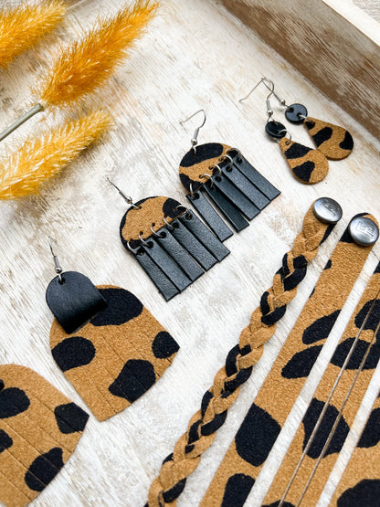 Leather Earrings / Droplets / Tan Leopard Suede