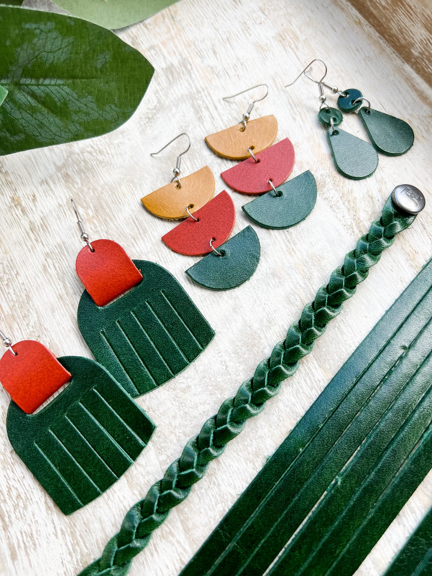 Leather Earrings / Fringies / Pine Tree & Autumn Fire