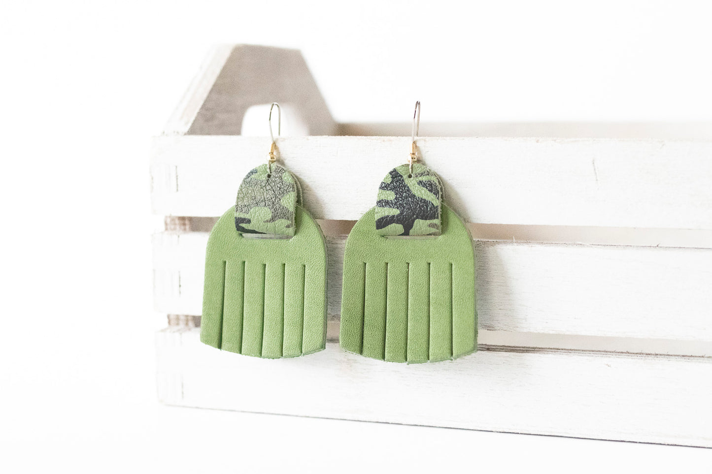 Leather Earrings / Fringies / Clover Green & Camo