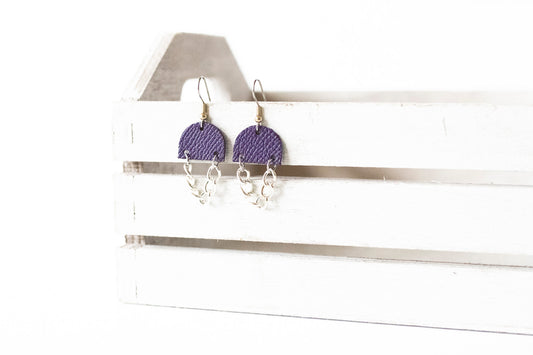 Leather Earrings / Mini Chain Drop / Aubergine