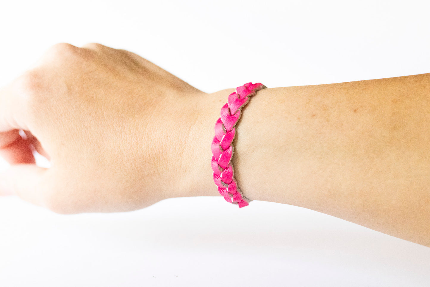 Braided Leather Bracelet / Neon Pink