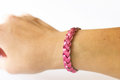 Braided Leather Bracelet / Metallic Hot Pink