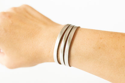 Leather Bracelet / Ultra Skinny Sliced Cuff / Metallic Silver