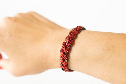 Braided Leather Bracelet / Red Dot Sparkle