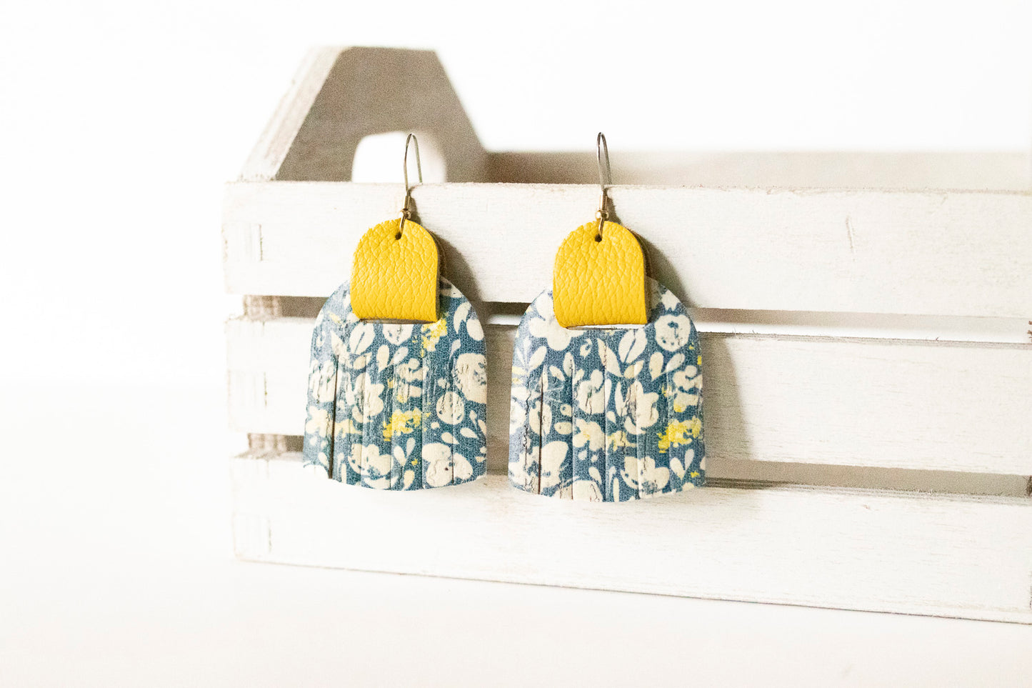 Leather Earrings / Fringies / Navy Poppies Cork & Meyer Lemon