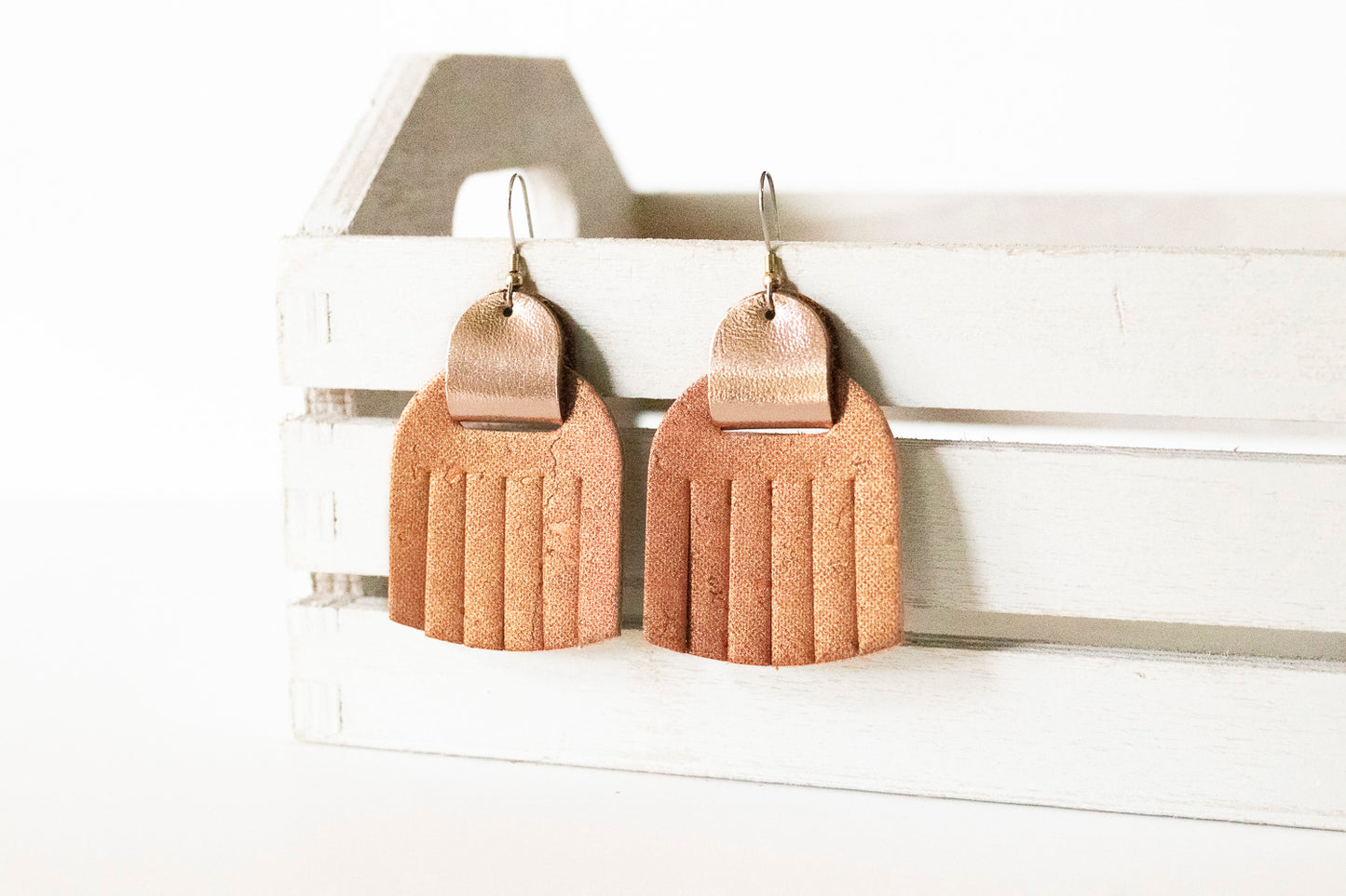 Leather Earrings / Fringies / Spiced Cider Cork & Metallic Rosegold