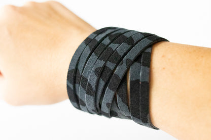 Leather Bracelet / Original Sliced Wrap Cuff / Black Leopard Suede