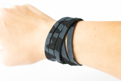 Leather Bracelet / Skinny Sliced Wrap Cuff / Black Leopard Suede