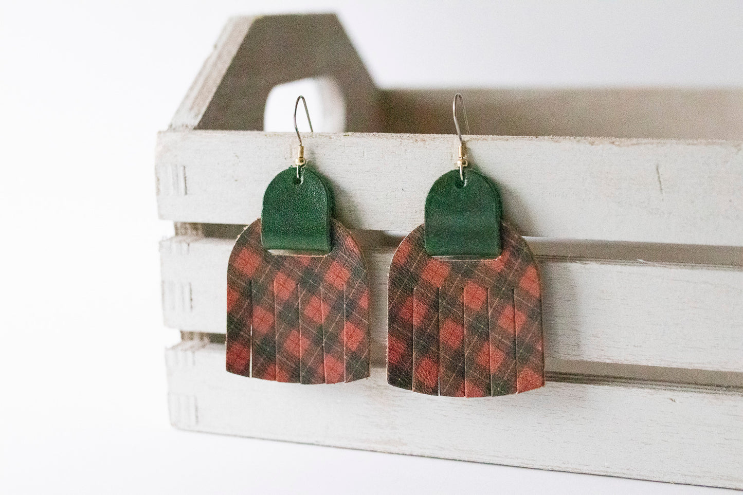 Leather Earrings / Fringies / Tartan & Smooth Pine