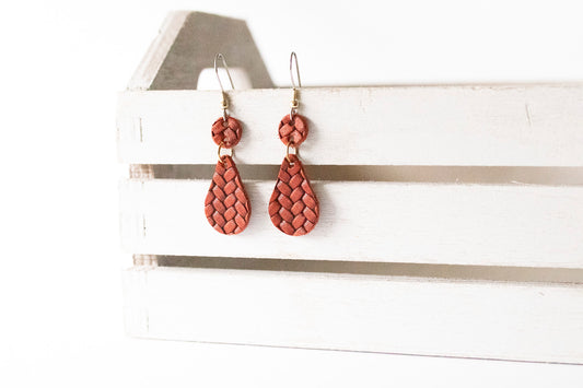 Leather Earrings / Droplets / Woven Crimson