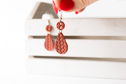 Leather Earrings / Droplets / Woven Crimson
