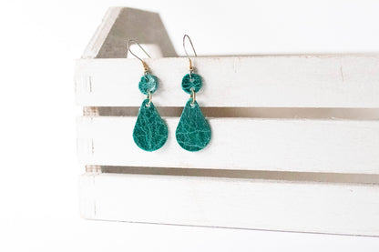 Leather Earrings / Droplets / Vintage Teal