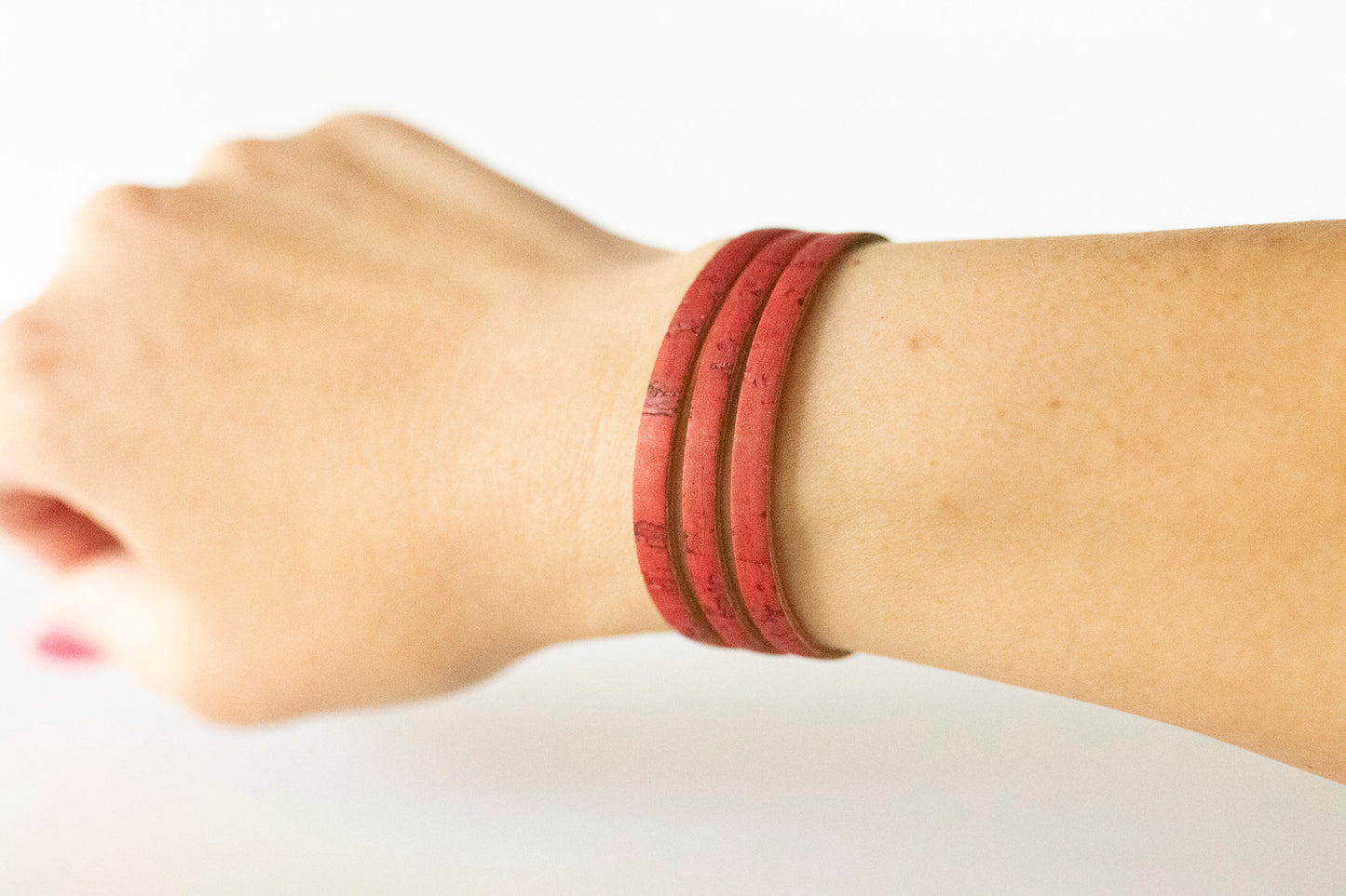 Leather Bracelet / Ultra Skinny Sliced Cuff / Juicy Cherry Cork