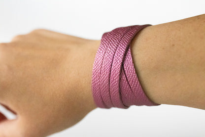 Leather Bracelet / Skinny Sliced Wrap Cuff / French Rose Shimmer