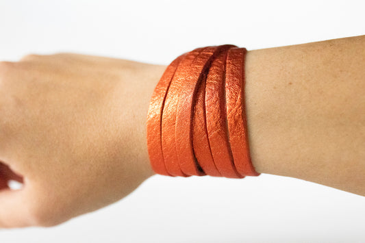 Leather Bracelet / Skinny Sliced Wrap Cuff / Soft Mango