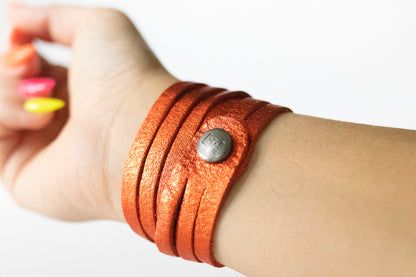 Leather Bracelet / Skinny Sliced Wrap Cuff / Soft Mango