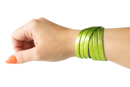 Leather Bracelet / Skinny Sliced Wrap Cuff / Soft Lime