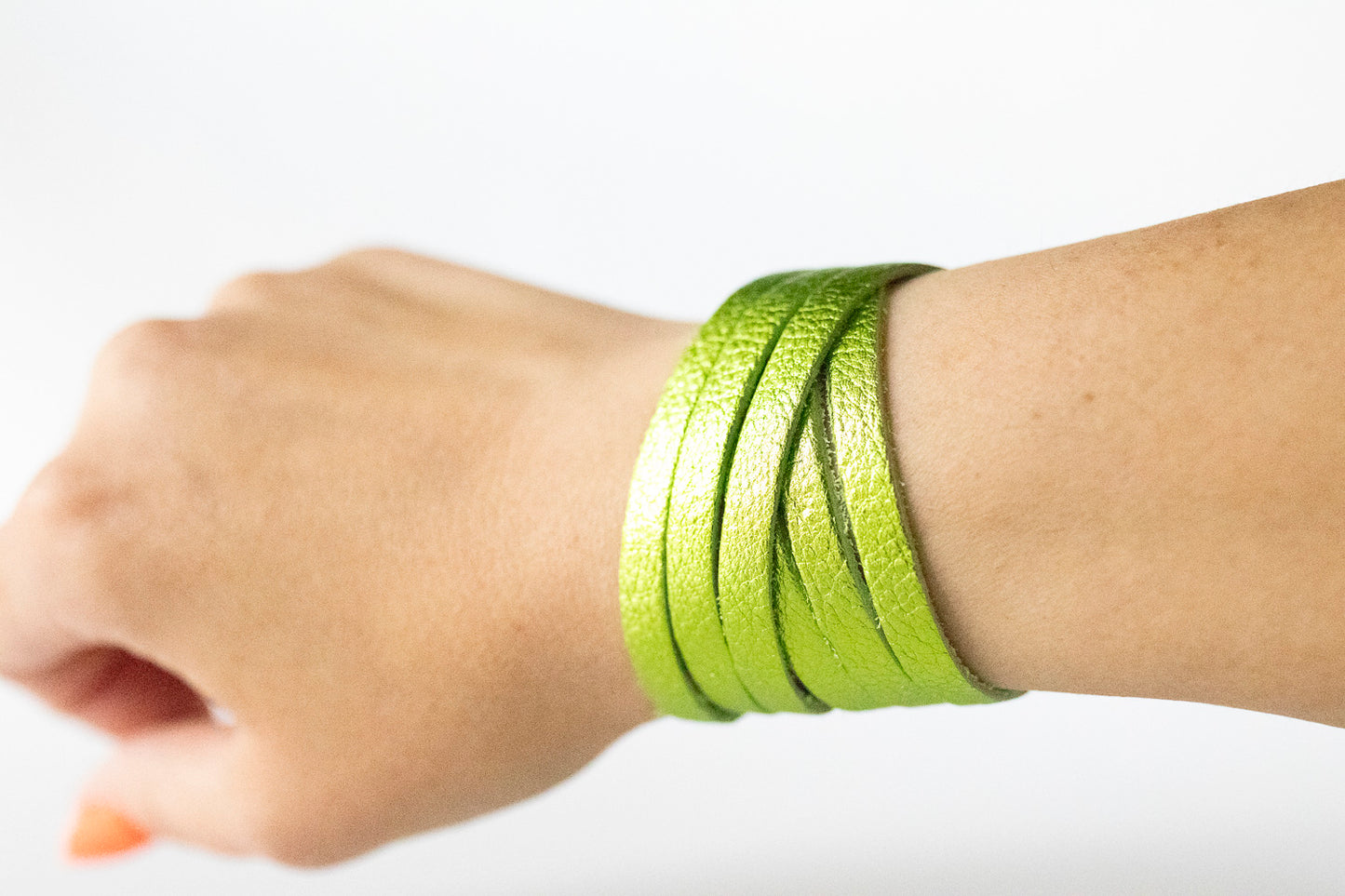 Leather Bracelet / Skinny Sliced Wrap Cuff / Soft Lime